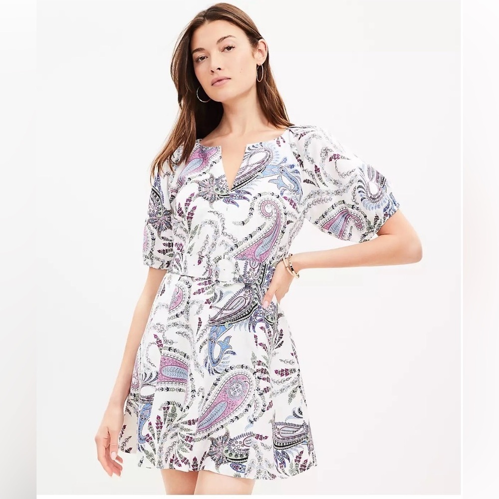 NWT LOFT Paisley Linen Blend Belted Puff Sleeve Mini Dress Size 8